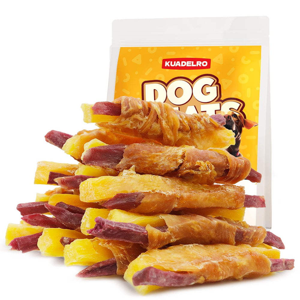 Friandises KUADELRO poulet enroulé et patates douces, emballage pratique pour l'entraînement.