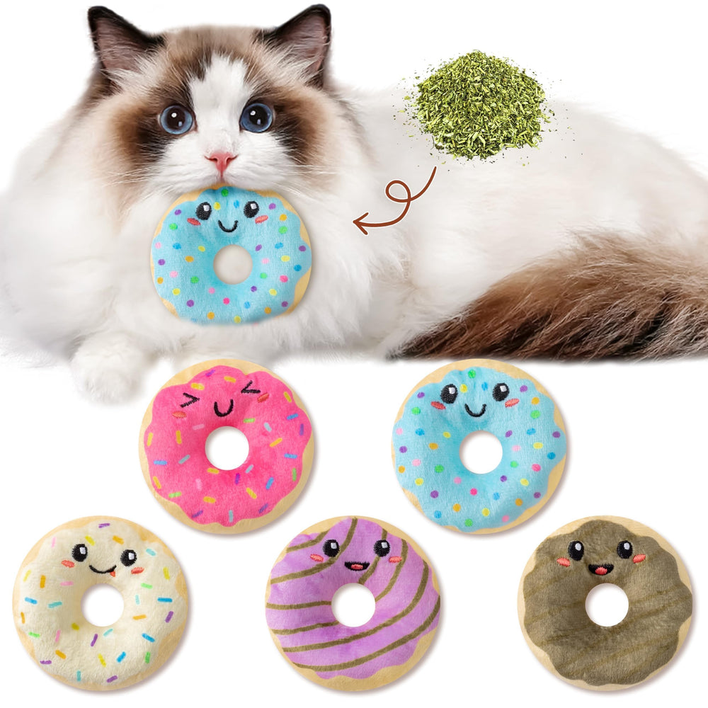 Jouet beignet L1rabe avec herbe à chat rose, stimulation ludique pour chats.