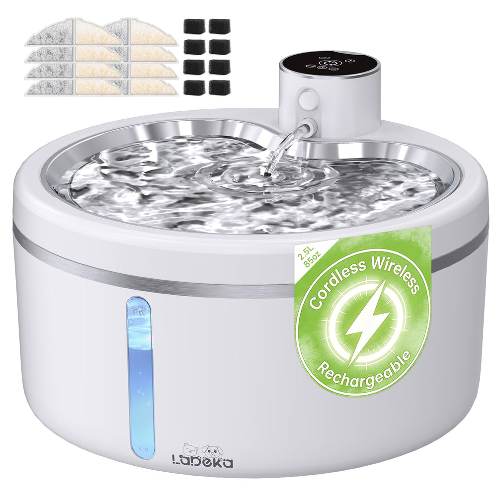 LABEKA fontaine-eau-chat-sans-fil montre le design sans fil pour hydratation pratique.