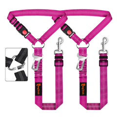 Laqibak harnais ceinture pour chien rose fixé en voiture, démonstration de sécurité et confort.