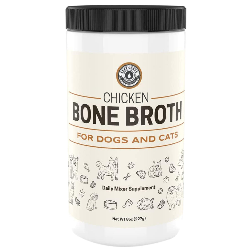 Left Coast Performance bouillon d'os au poulet pour chat, stimule l'appétit et l'hydratation.