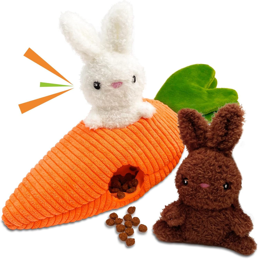 Jouet Lepawit Paques: carotte cachée et 2 lapins sifflants pour stimulation mentale.