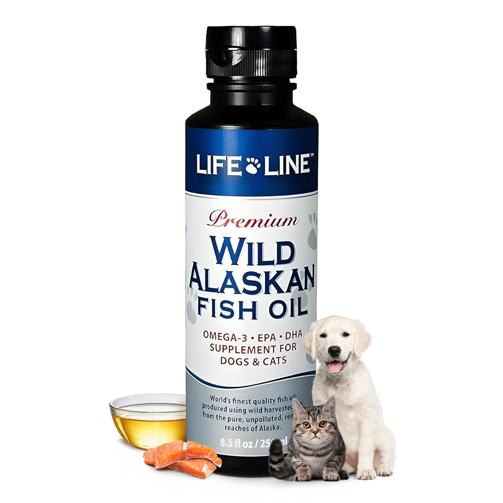 Life Line Pet Nutrition huile poisson sauvage Alaska en bouteille soutient peau et pelage.