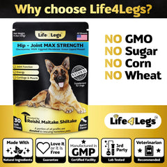 Life4Legs omega-acide-hyaluronique articulations, lubrification et flexibilité potentielles.