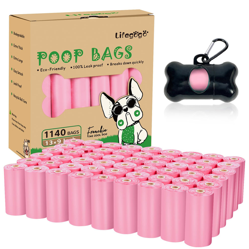 Sacs Lifegogo pour chien, rose, avec distributeur pratique pour balades propres.