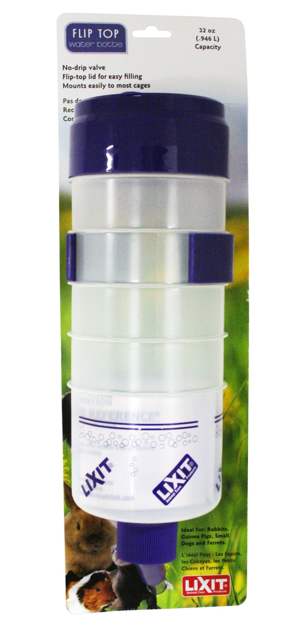 Bouteille Lixit violet à levier avec remplissage supérieur pour petits animaux, sans fuite.