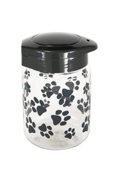 Pot Lixit d'aliments avec empreintes de pattes gris, pratique pour chiens et chats, garde les friandises fraîches longtemps.