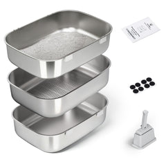 LLNHAEB triple-pan: litière en acier inoxydable, haut bord pour chats lourds.