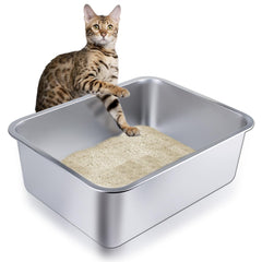 LOPYK boîte-litière inox grand-bords hauts, idéal pour chats de toutes tailles.