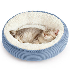 Love's cabin nid donut pour chat et petit chien – confort enveloppant bleu rayé.