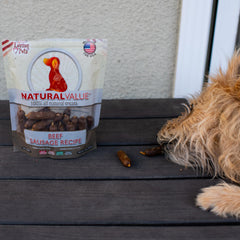 Loving Pets Natural Value Beef Sausages cuisson-grilles, goût riche et digestion légère.