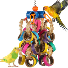 Jouet lovyocoCoCo bagels colorés pour oiseaux, favorise le rongement naturel et le plaisir tactile.