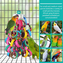 Jouet LovyoCoCo pour perroquet avec activité de mastication et textures variées.