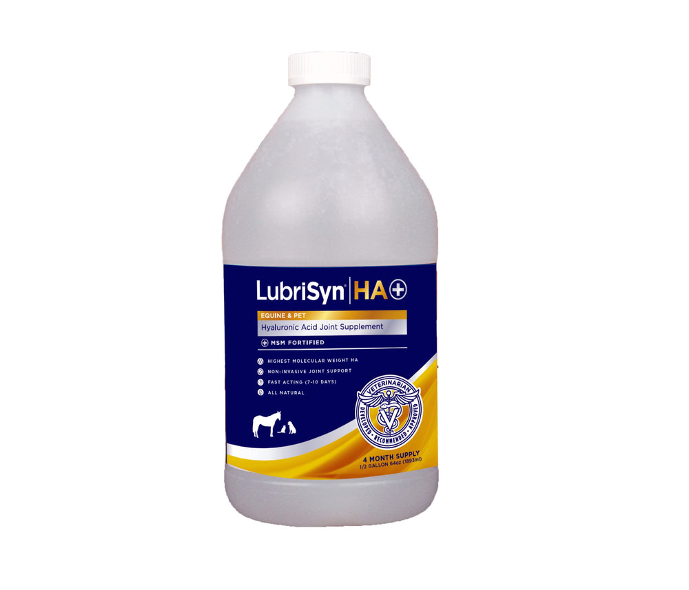 LubriSynHA bouteille 64oz en gros plan montrant le support potentiel à la mobilité animale