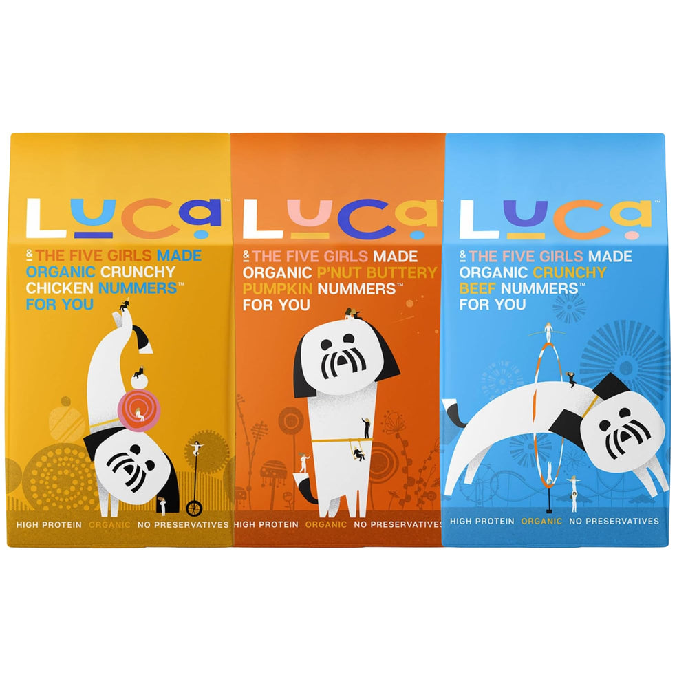 Luca et les Cinq Filles friandise poulet croquant, protéine élevée pour chiens actifs.