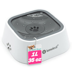 Bol d'eau LumoLeaf anti-débordement pour chien sur sol sec.