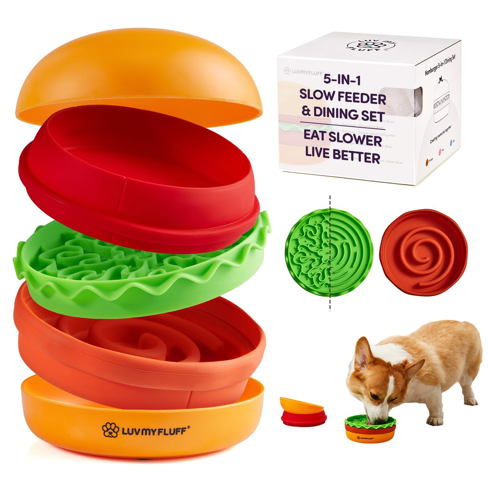 LuvMyFluff gamelle lente mode hamburger pour petit chien, stimulation mentale lors des repas.