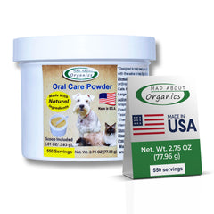 Mad About Organics poudre dentaire pour chiens et chats, réduit plaque et haleine fraîche.