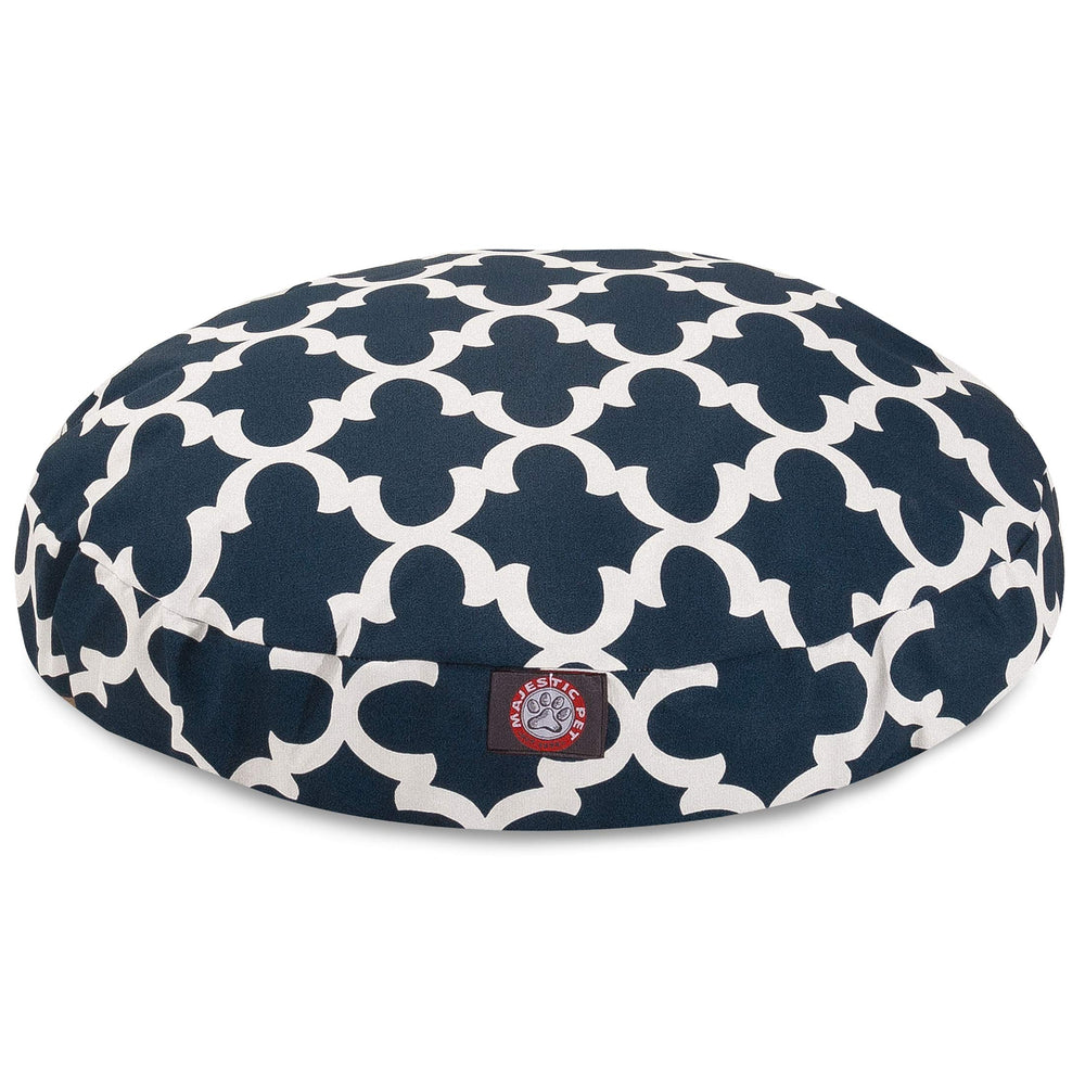 Lit rond Majestic Pet bleu marine treillis, idéal pour intérieur et extérieur.