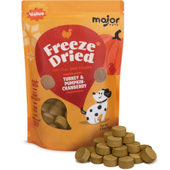 Friandise lyophilisée Major Pets ronde avec citrouille et canneberge, parfaite pour récompenses.