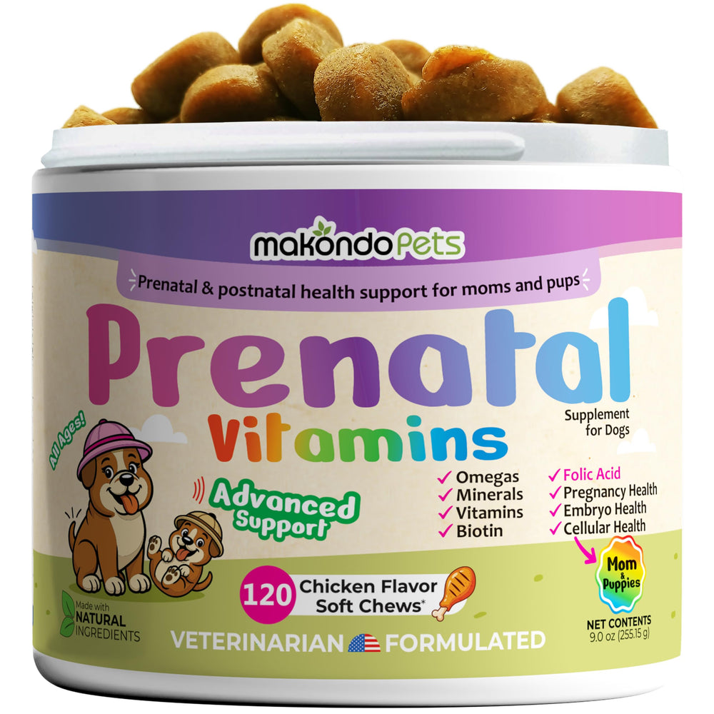 Makondo Pets Vitamines Prénatales pour Chien – boîte 120 bouchées, pratique et complète.