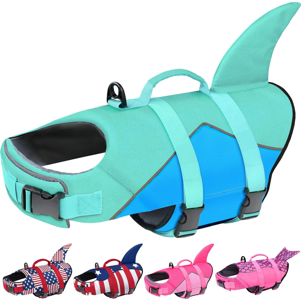 Malier gilet sauvetage chien en forme de requin bleu, visibilité élevée en eau.