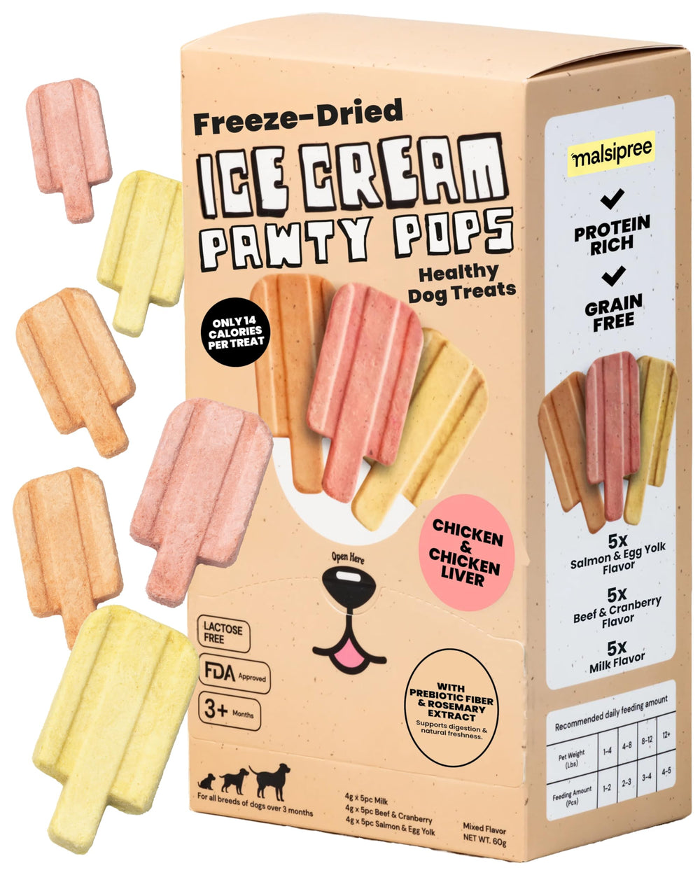 Friandises MalsiPree glace lyophilisée pour chien – cadeau anniversaire propre et facile à servir.