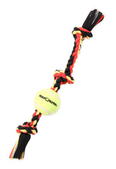 Mammoth Flossy Chews: tirage à 3 nœuds avec balle tennis, prêt pour jeu interactif.
