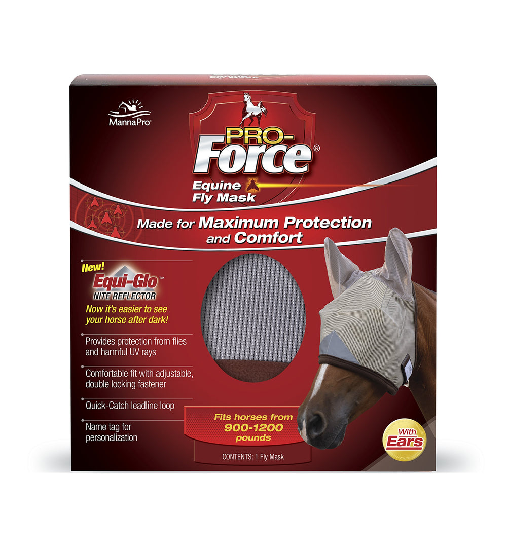 Masque Manna Pro Pro-Force avec oreilles, vue claire et protection UV pour le cheval.