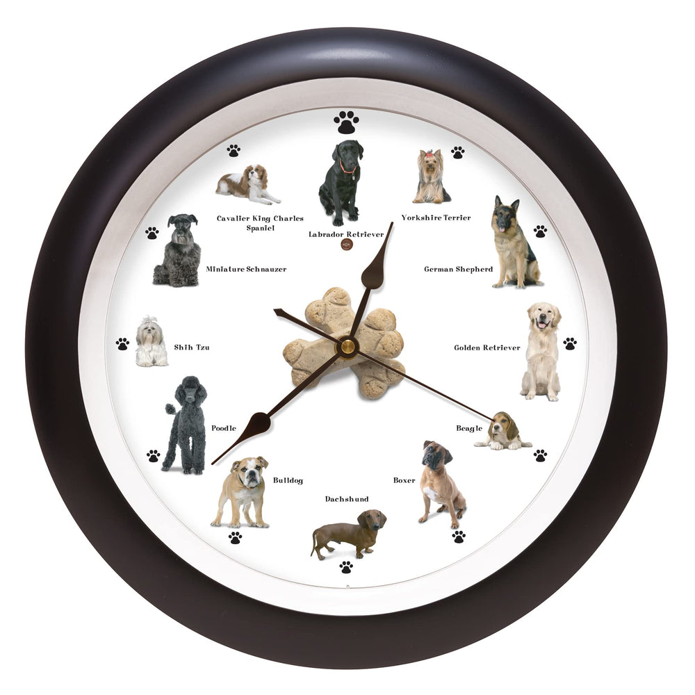 Horloge Barking Dog Clock de Mark Feldstein affichant 12 races de chiens.