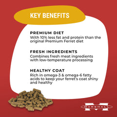 Marshall Premium Ferret Diet Senior: protéines adaptées pour muscles sains chez furets âgés.