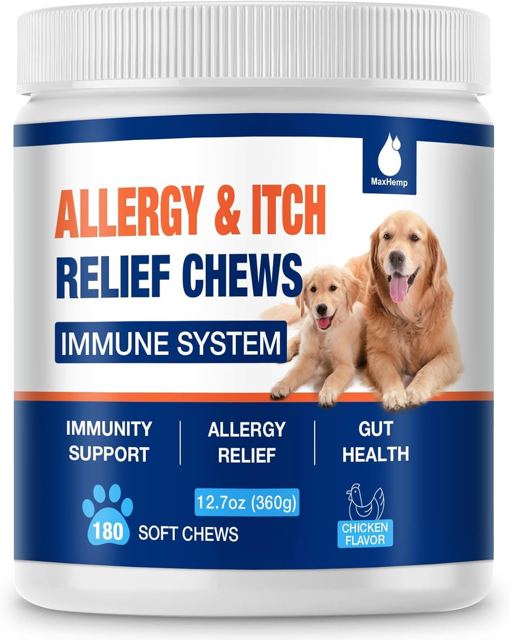 MaxHemp gommes anti-allergie chien – boîte, apaisement des démangeaisons.