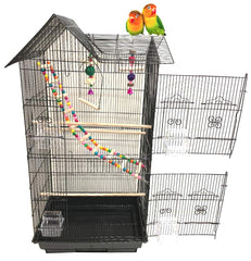 Mcage cage-oiseaux double-toit, vue frontale, espace généreux.