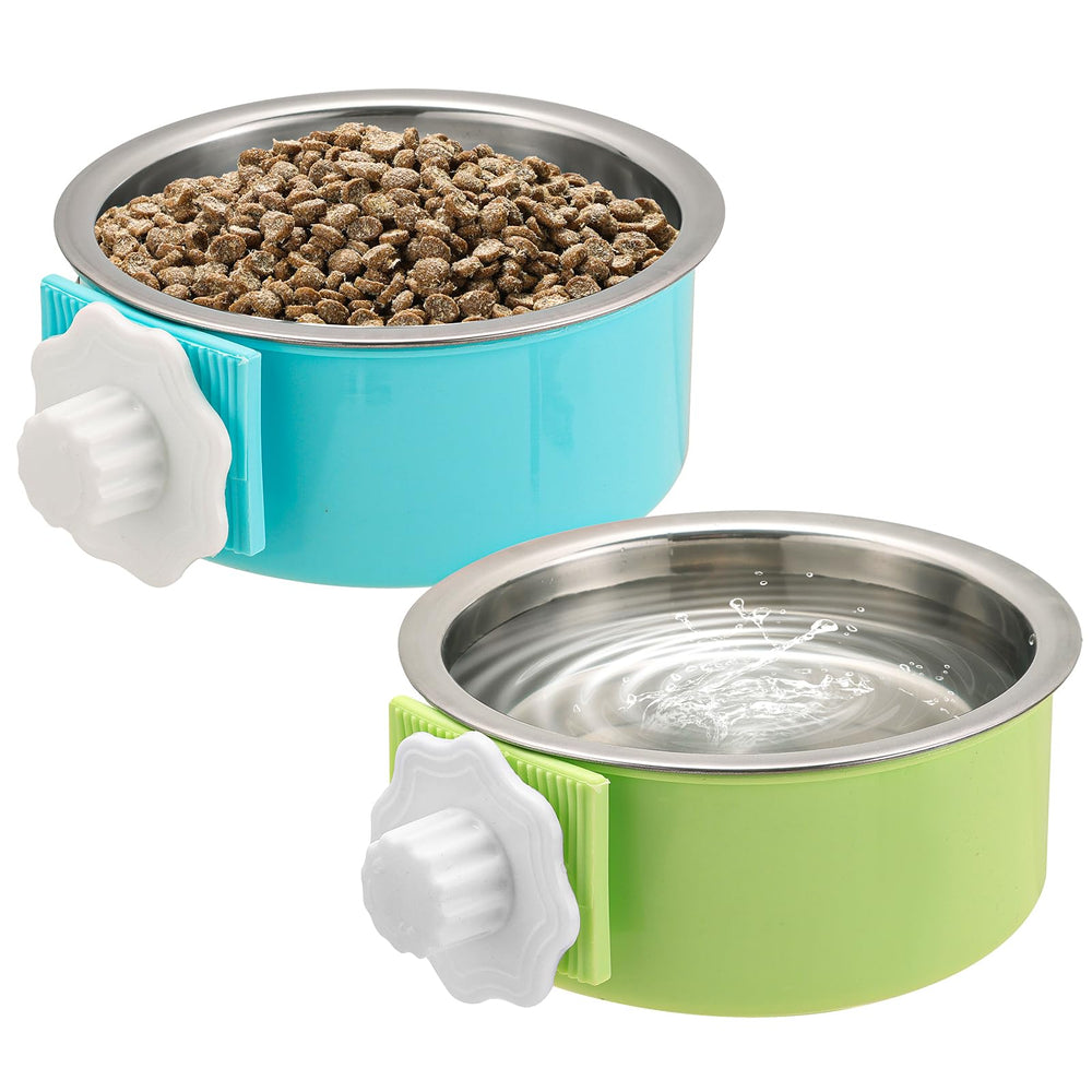 Bol Mechpia en inox amovible bleu pour cage, pratique pour nourriture et eau.