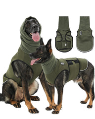 Veste Meifsou anxiété chien capuche vert army sur le chien, confort enveloppant.