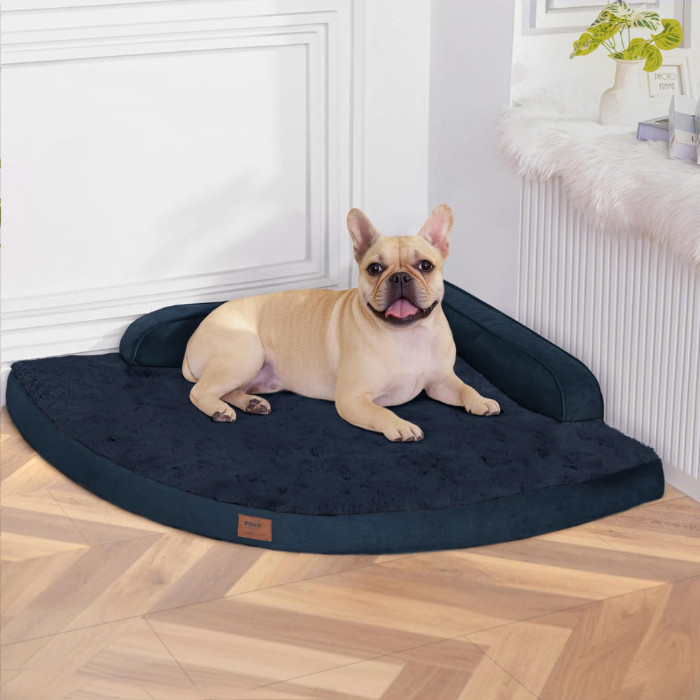 Lit MEKIY grand, vue d'ensemble bleu nuit, idéal pour les grands chiens.