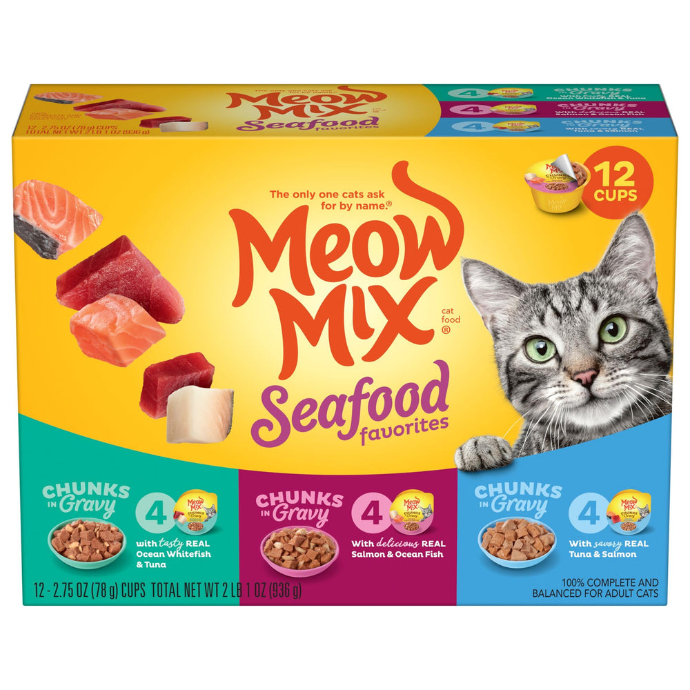 Meow Mix, morceaux-en-sauce thon et poisson blanc océan, texture appétissante.