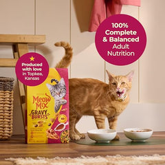 Meow Mix Gravy Bursts bol chat montrant un repas complet