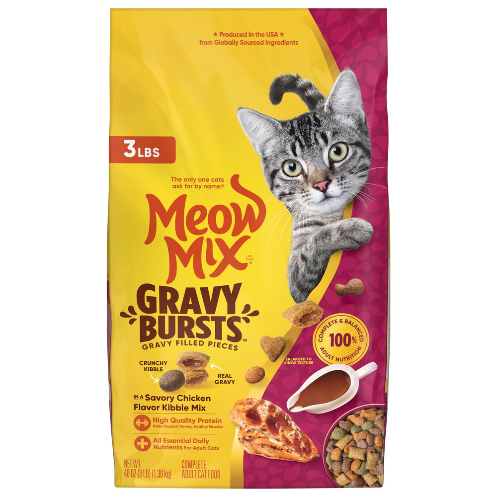 Meow Mix Gravy Bursts croquettes poulet, texture croustillante et jus savoureux