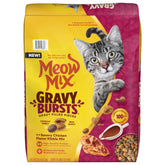 Meow Mix Gravy Bursts, sac 13,5 livres montrant des croquettes avec gravy délicieux.