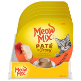 Meow Mix Paté en Sauce au poulet et thon, tasse pratique pour repas rapide.