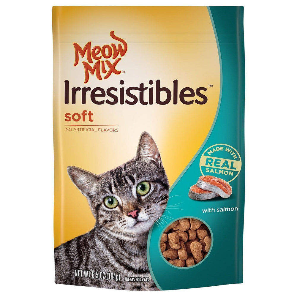 Meow Mix Irresistibles friandise saumon moelleuse, récompense quotidienne pour chat.