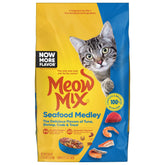 Meow Mix Seafood Medley emballage montrant la nutrition complète pour chats
