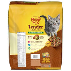 Meow Mix Tender Centers centre tendre saumon, croquant extérieur, repas appétissant.