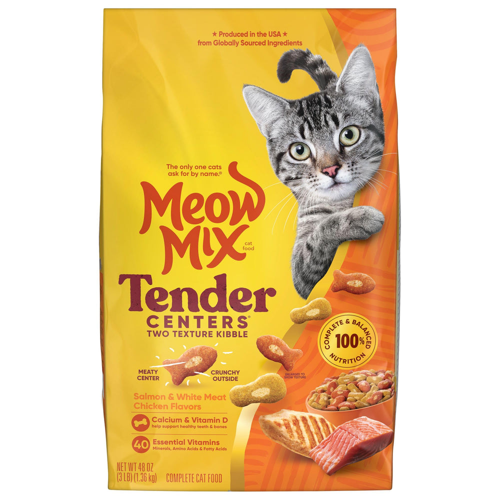 Meow Mix Tender Centers saumon et poulet, emballage pratique et alimentation complète.