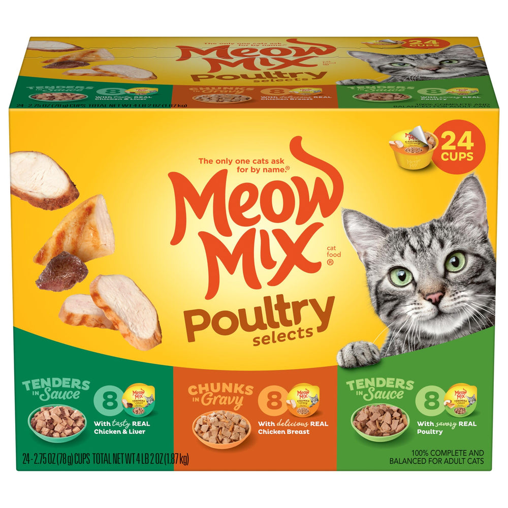 Meow Mix Tendres en sauce poulet réel, protéines de haute qualité pour chats.