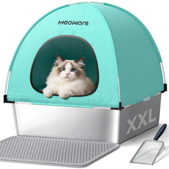 Boîte Meowant en acier inoxydable avec couverture Oxford bleue pour intimité et propreté