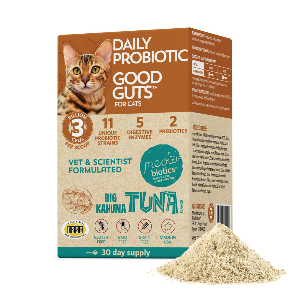 Bouteille Meowbiotics Good Guts pour chat, probiotiques saveur thon, pratique au quotidien