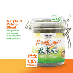 Jar ouvert Meowijuana Catnibas Pawty Mix prêt à saupoudrer.
