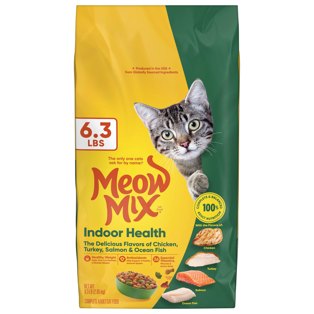 Meow Mix Indoor Health sac-6-3-livre, nutrition complète pour chat adulte.
